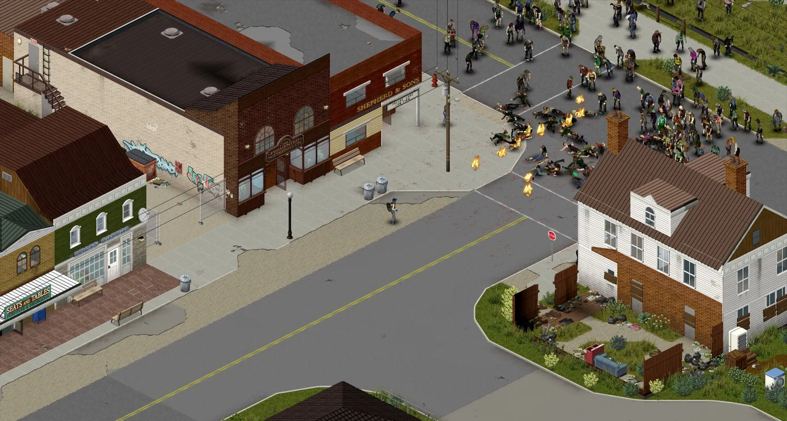 Project Zomboid isometric town street with a crowd of zombies